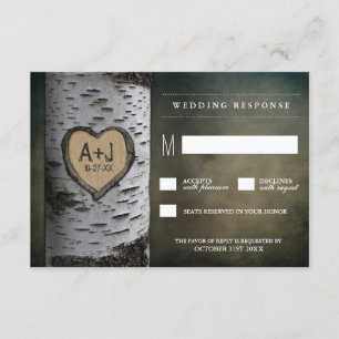Carved Initials Birch Tree Wedding RSVP Cards