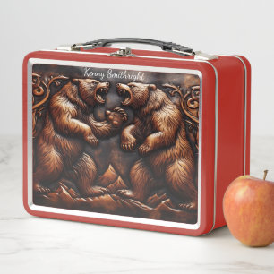 Carved Leather Grizzly in Fierce Motion Metal Lunch Box
