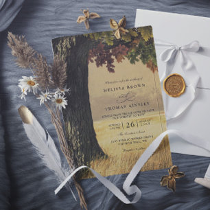 Carved Oak Tree Country Rustic QR Code Wedding Invitation