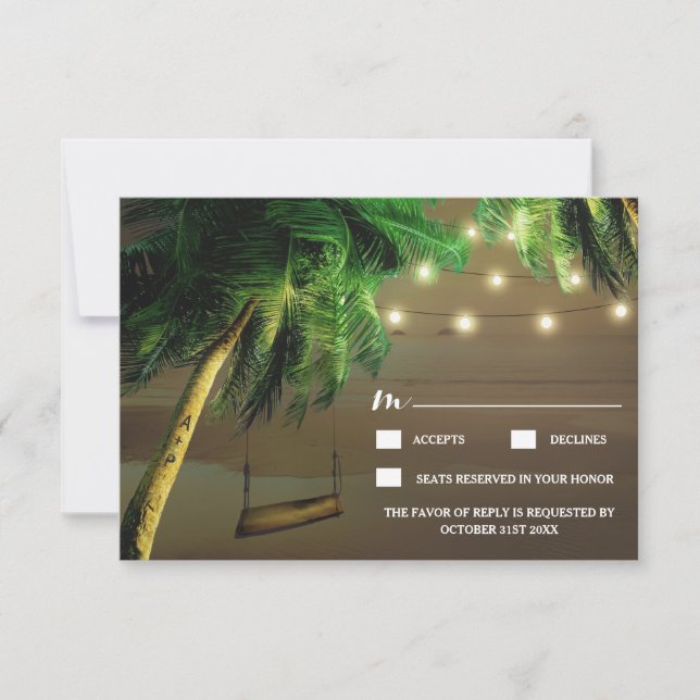 Carved Palm Tree Beach Lights Wedding RSVP Cards (Front)