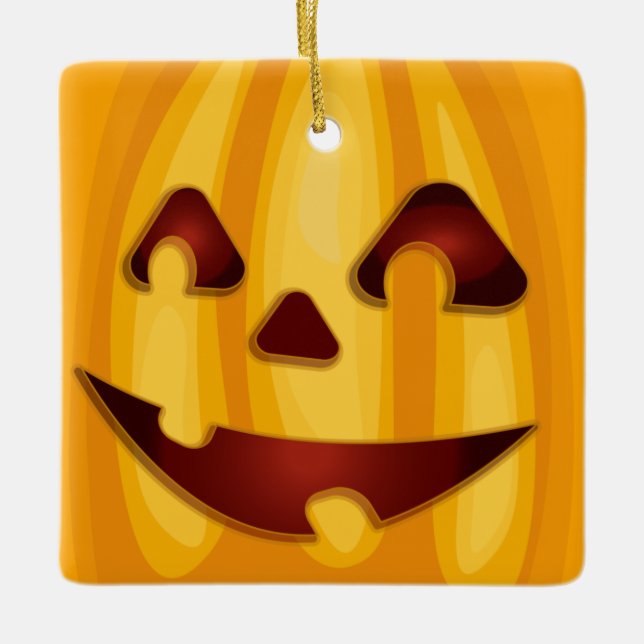 Carved pumpkin smiling Halloween design Ceramic Ornament (Front)
