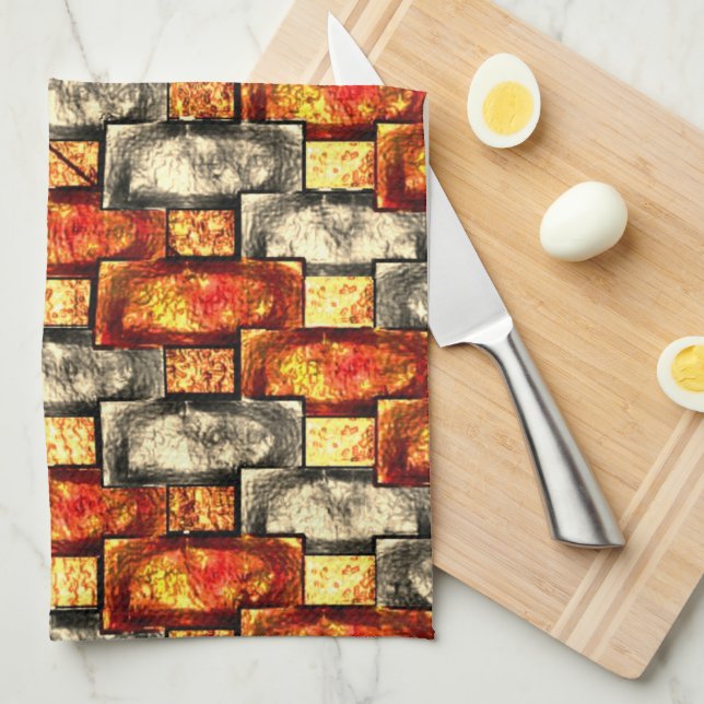 Carved rectangular pieces reddish and beige align tea towel (Quarter Fold)