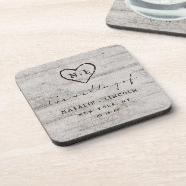 Carved Sweethearts Rustic Birch Wedding Monogram Coaster (Left Side)