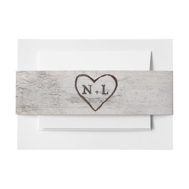 Carved Sweethearts Rustic Birch Wedding Monogram Invitation Belly Band (Front Example)