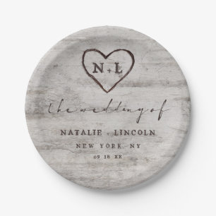 Carved Sweethearts Rustic Birch Wedding Monogram Paper Plate