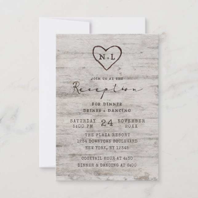Carved Sweethearts Rustic Birch Wedding Reception Invitation (Front)