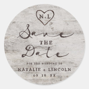 Carved Sweethearts Rustic Birch Wood Save the Date Classic Round Sticker