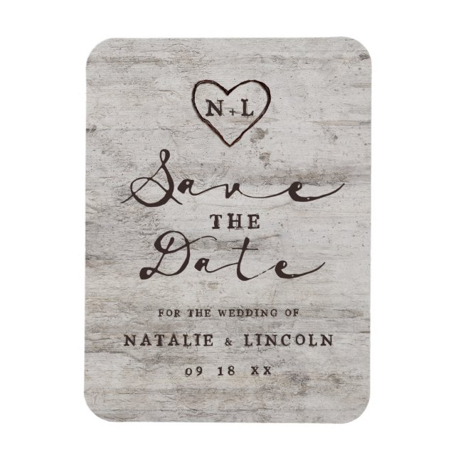 Carved Sweethearts Rustic Birch Wood Save the Date Magnet (Vertical)