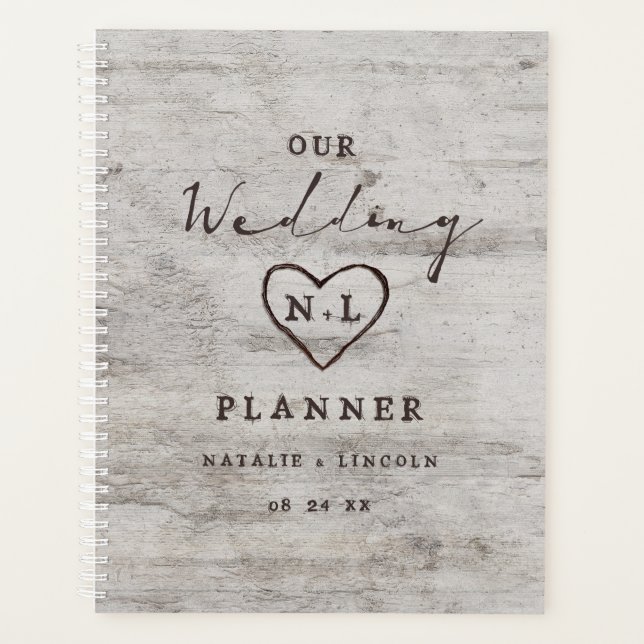 Carved Sweethearts Rustic Birch Wood Wedding Plans Planner (Front)
