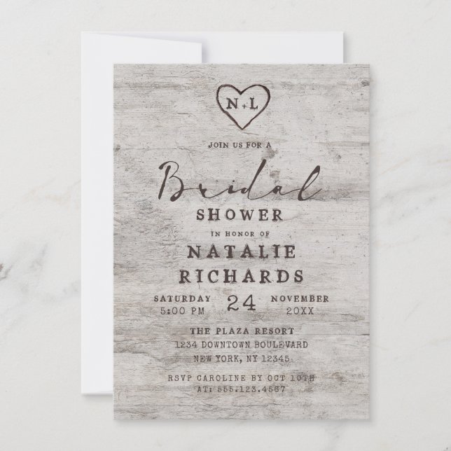 Carved Sweethearts Rustic Wedding Bridal Shower Invitation (Front)