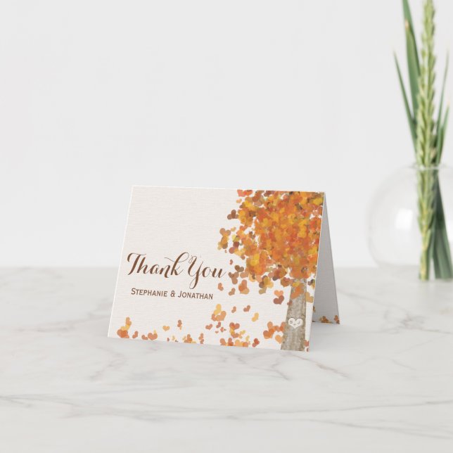 Carved Tree Initials Fall Wedding Thank You Cards (Front)
