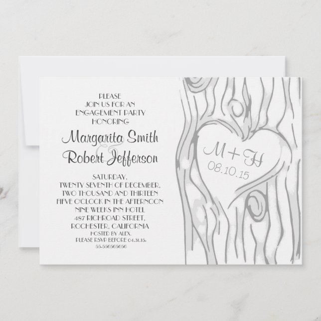 carved tree modern engagement party invitations (Front)