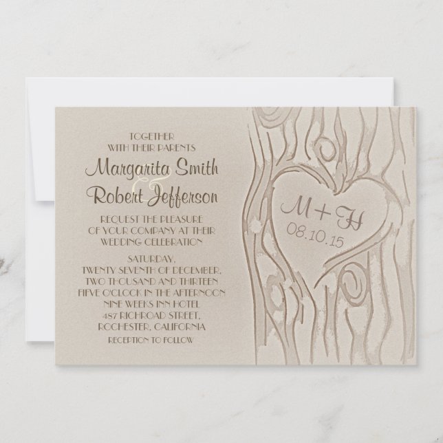carved tree rustic wedding invitations (Front)