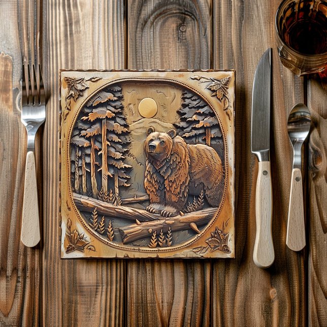 Carved Wood Bear Full Moon Pine Tree Forest Paper Plate (Creator Uploaded)