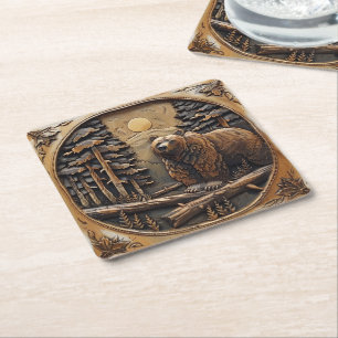 Carved Wood Bear Full Moon Pine Tree Forest Square Paper Coaster