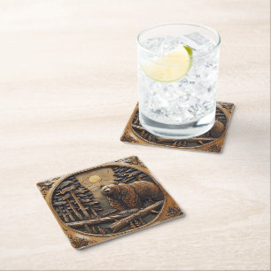 Carved Wood Bear Full Moon Pine Tree Forest Square Paper Coaster