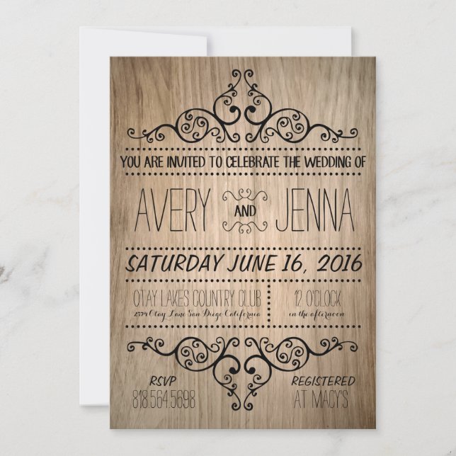 Carved Wood Country Rustic Wedding Invitation (Front)
