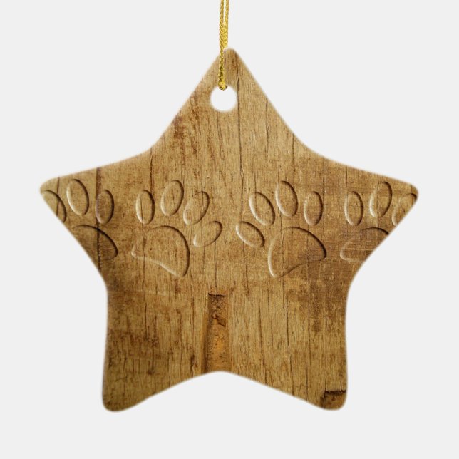 Carved Wood Dog Paw Print Ceramic Tree Decoration (Front)
