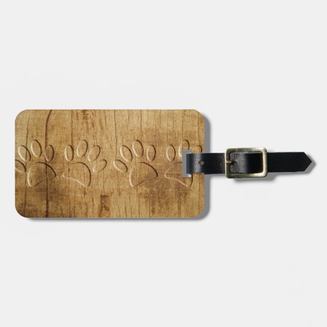 Carved Wood Dog Paw Print Luggage Tag (Front Horizontal)