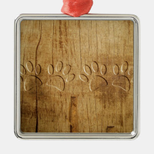 Carved Wood Dog Paw Print Metal Tree Decoration