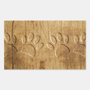 Carved Wood Dog Paw Print Rectangular Sticker