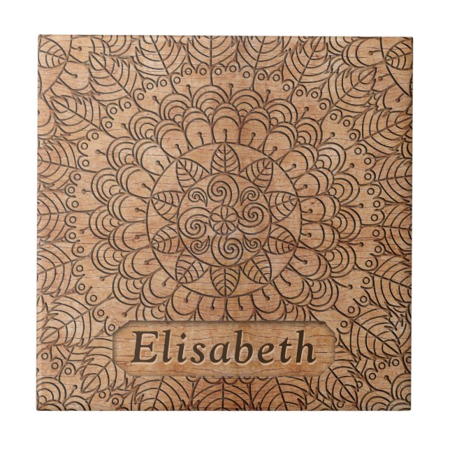 Carved Wood Floral Circles Mandala Personalized Tile (Front)