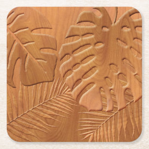 Carved Wood Foliage Faux Print Square Paper Coaster