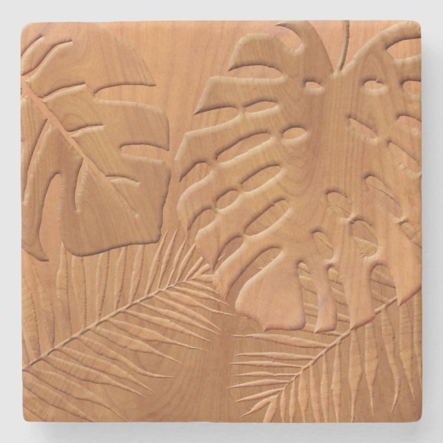 Carved Wood Foliage Faux Print Stone Coaster (Front)