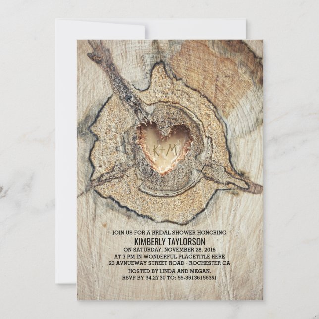 Carved Wood Heart Rustic Tree Bridal Shower Invitation (Front)