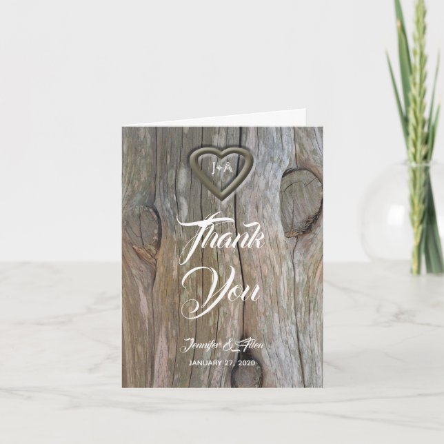 Carved Wood Heart Wedding Thank You Card (Front)