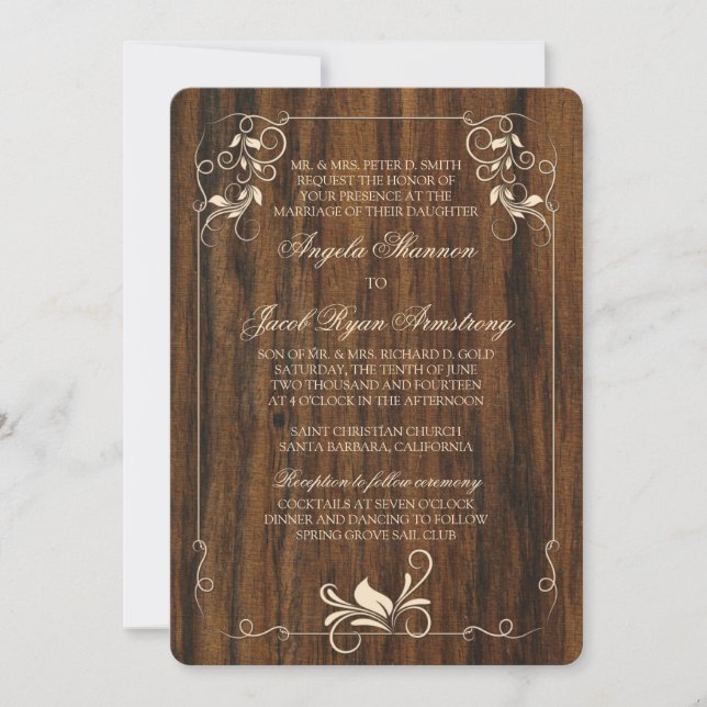 Carved Wood Look Ivory Floral Wedding Invitation (Front)