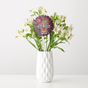 Carved-wood-look sugar skull w/ Floral Crown Balloon