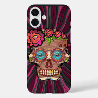 Carved-wood-look sugar skull w/ Floral Crown iPhone 16 Plus Case