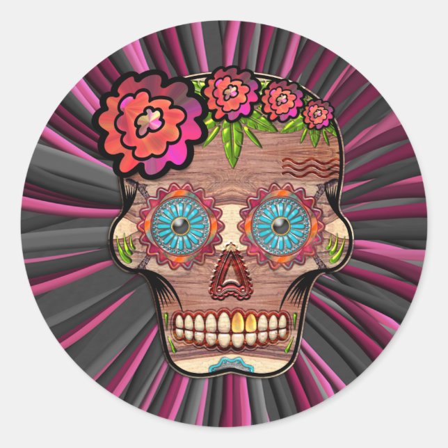 Carved-wood-look sugar skull w/ Floral Crown Classic Round Sticker (Front)