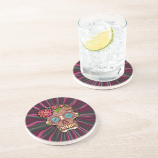 Carved-wood-look sugar skull w/ Floral Crown Coaster
