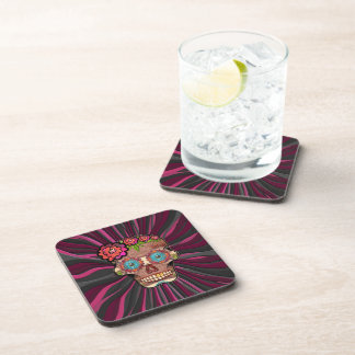 Carved-wood-look sugar skull w/ Floral Crown Coaster