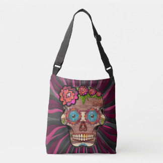 Carved-wood-look sugar skull w/ Floral Crown Crossbody Bag
