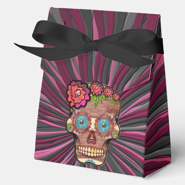 Carved-wood-look sugar skull w/ Floral Crown Favour Box (Front)