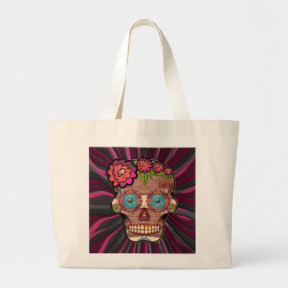 Carved-wood-look sugar skull w/ Floral Crown Large Tote Bag