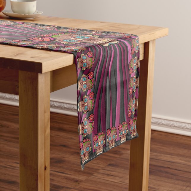 Carved-wood-look sugar skull w/ Floral Crown Long Table Runner (In Situ)