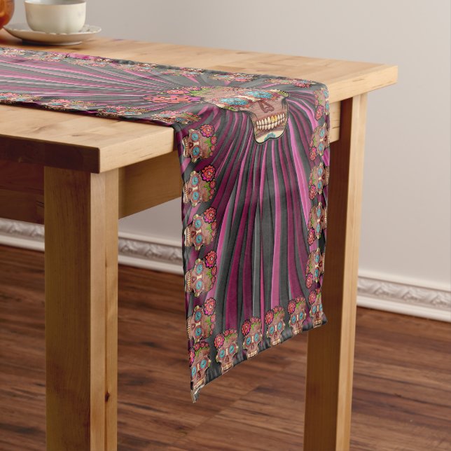 Carved-wood-look sugar skull w/ Floral Crown Medium Table Runner (In Situ)