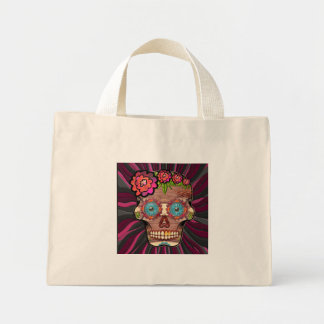 Carved-wood-look sugar skull w/ Floral Crown Mini Tote Bag