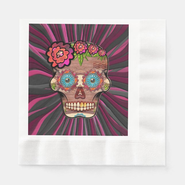 Carved-wood-look sugar skull w/ Floral Crown Napkin (Front)
