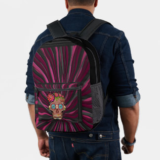 Carved-wood-look sugar skull w/ Floral Crown Printed Backpack
