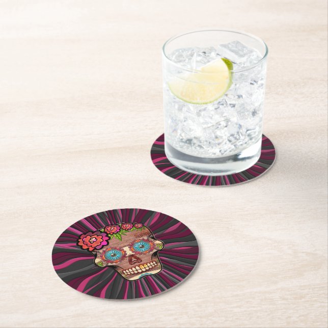 Carved-wood-look sugar skull w/ Floral Crown Round Paper Coaster (Insitu)