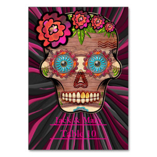 Carved-wood-look sugar skull w/ Floral Crown Table Number