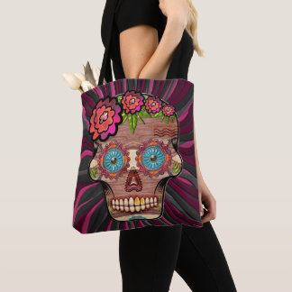 Carved-wood-look sugar skull w/ Floral Crown Tote Bag