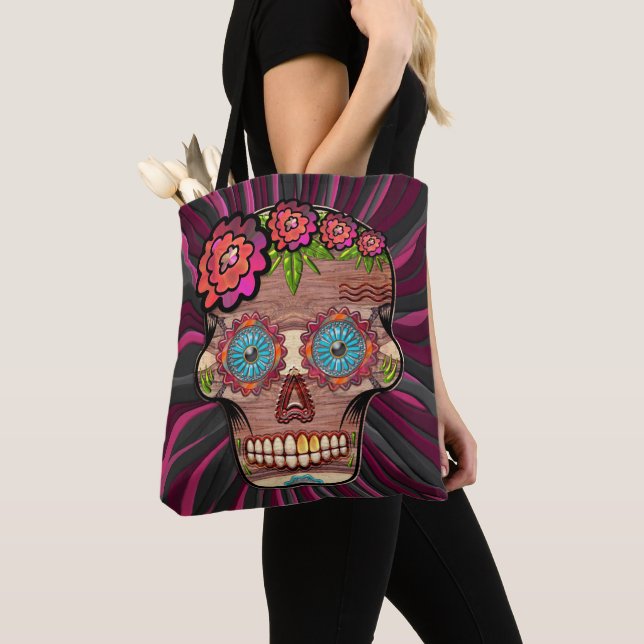 Carved-wood-look sugar skull w/ Floral Crown Tote Bag (Close Up)