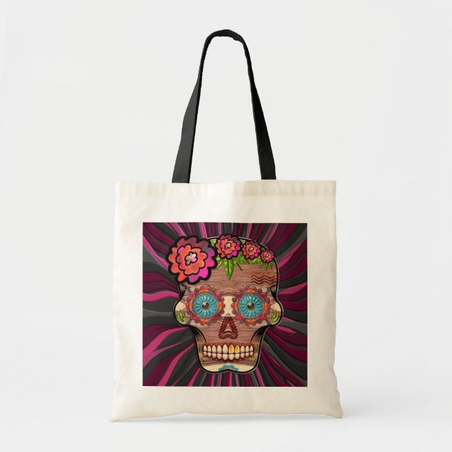 Carved-wood-look sugar skull w/ Floral Crown Tote Bag (Front)