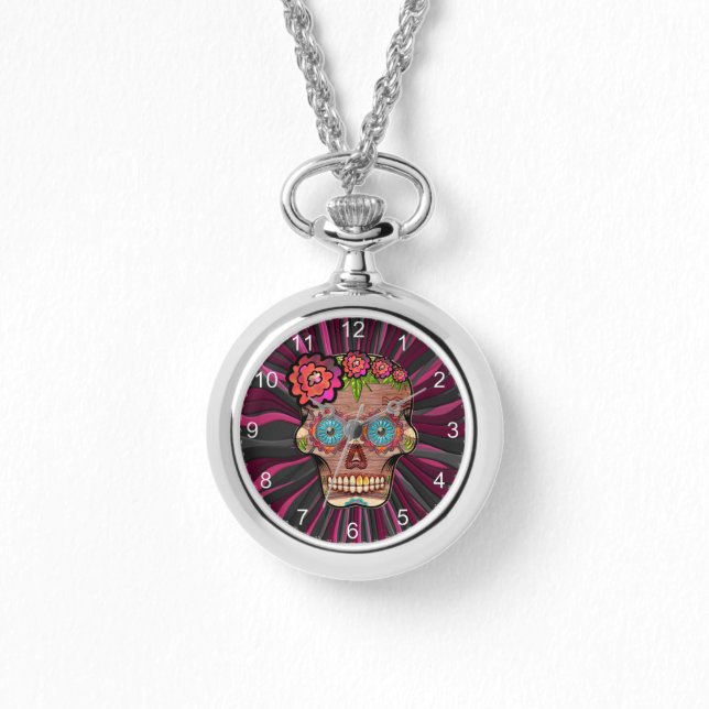 Carved-wood-look sugar skull w/ Floral Crown Watch (Front)